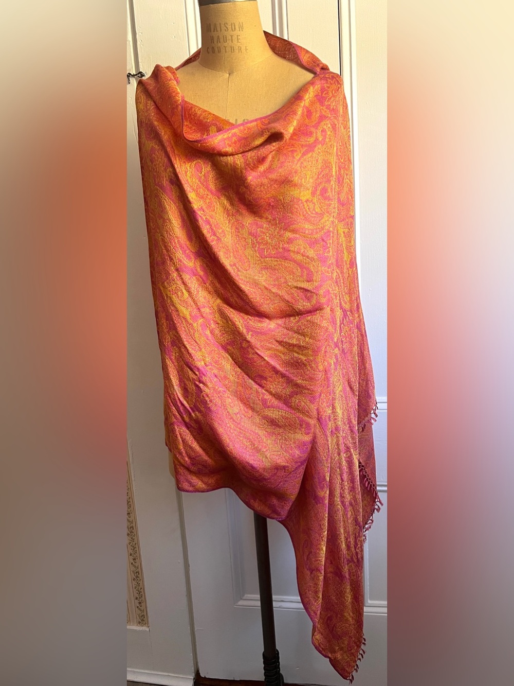 🩷🧡 Bajra Luxury Silk Floral Paisley Pink Orange Fringe Summer Scarf Wrap Shawl